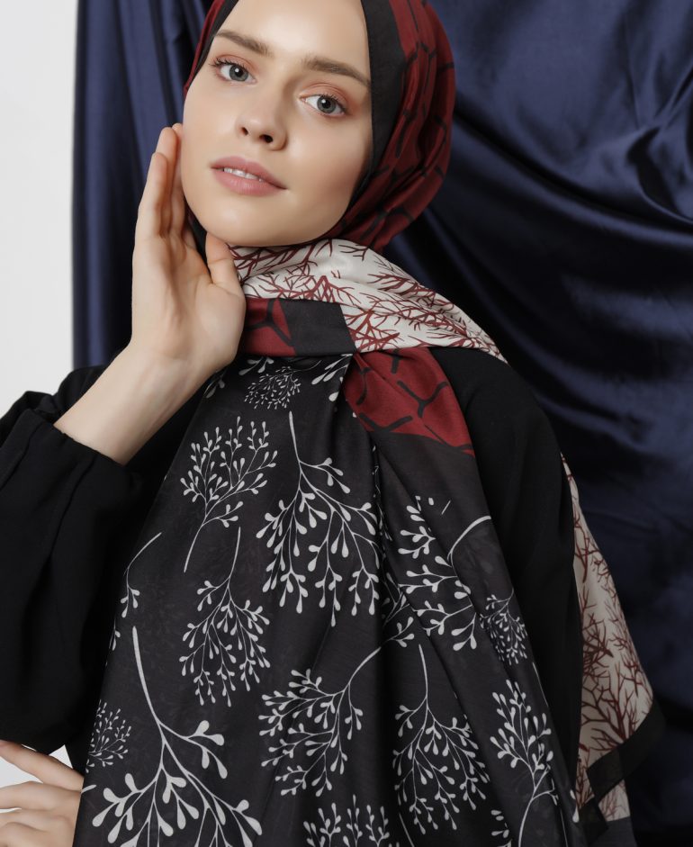 Trio Dallı Desenli Şal - Bordo