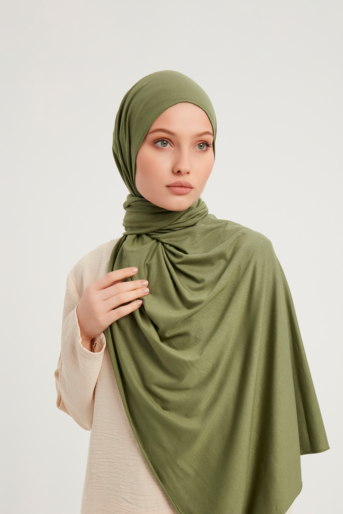 Schaless Likralı Zeytin Yeşili Penye Şal