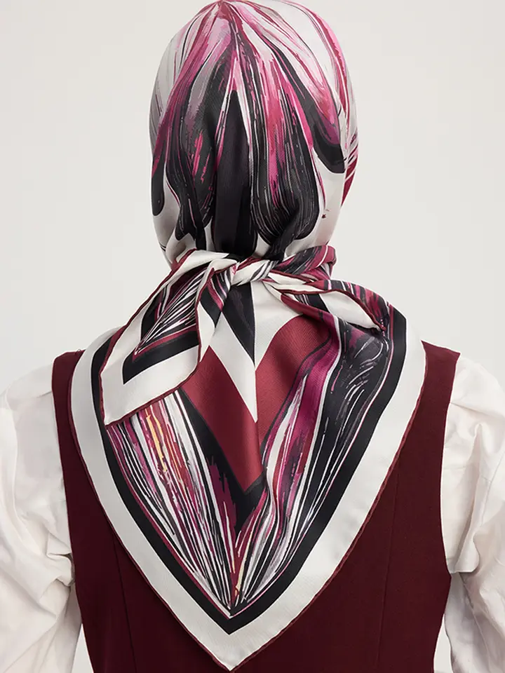 Schaless Serica Bordo Desenli %100 İpek Twill Eşarp Resmi-3