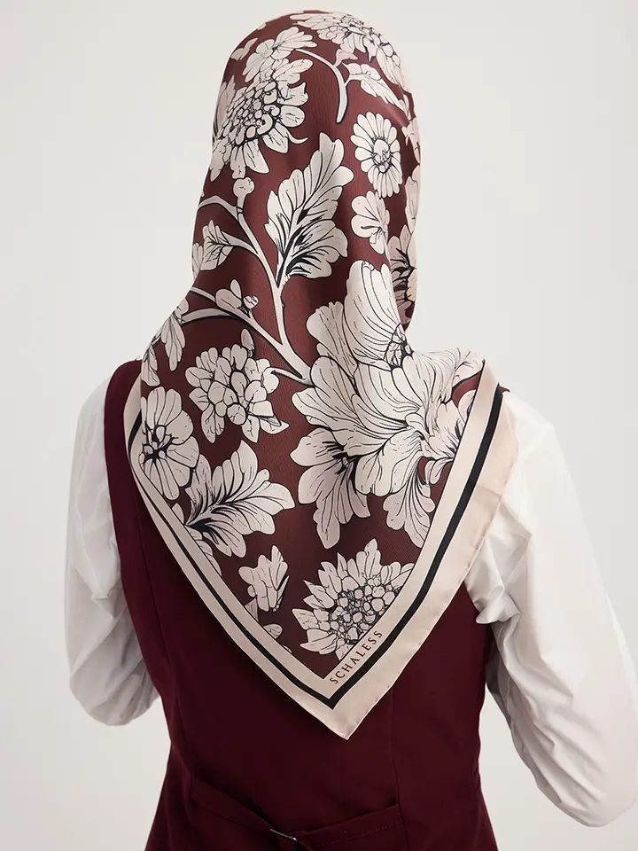 Schaless Serica Bordo Çiçek Desenli Twill İpek Eşarp Resmi-3