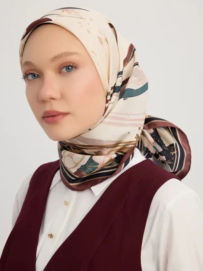 Schaless Serica Bordo Çiçek Desenli %100 İpek Twill Eşarp Resmi