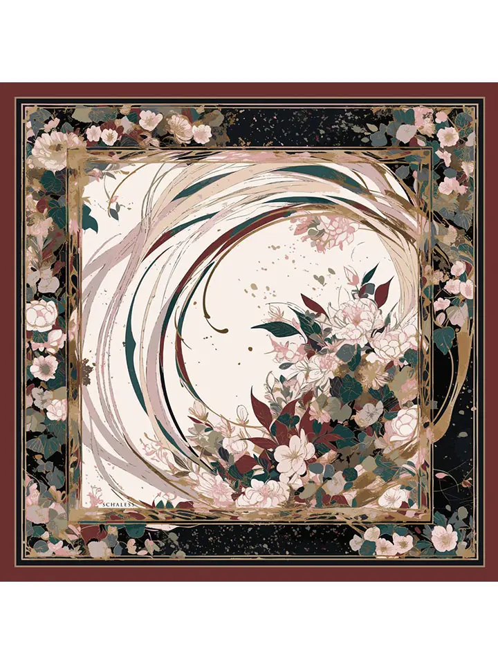 Schaless Serica Bordo Çiçek Desenli %100 İpek Twill Eşarp Resmi-4