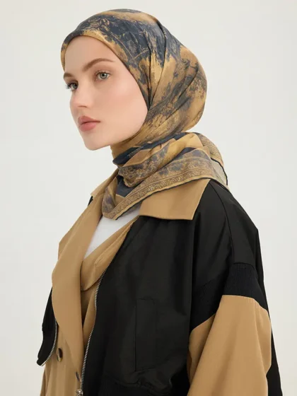 Schaless Efilia Camel Mandala Desenli Janjanlı Eşarp Resmi-2