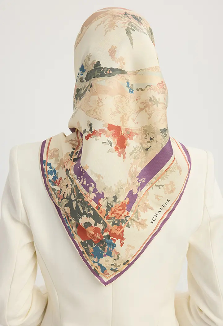 Schaless Serica Ekru Floral Desenli Twill İpek Eşarp Resmi-2