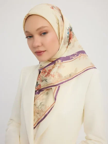 Schaless Serica Ekru Floral Desenli Twill İpek Eşarp Resmi