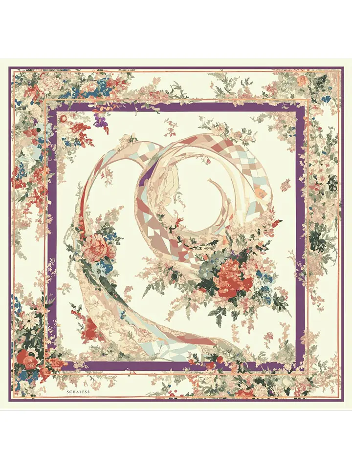 Schaless Serica Ekru Floral Desenli Twill İpek Eşarp Resmi-4