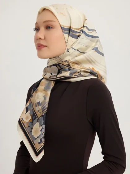 Schaless Serica Ekru Çiçek Desenli %100 İpek Twill Eşarp Resmi