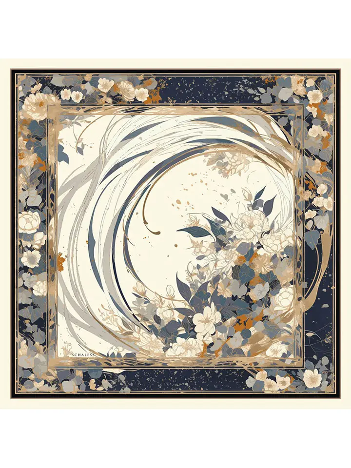 Schaless Serica Ekru Çiçek Desenli %100 İpek Twill Eşarp Resmi-4