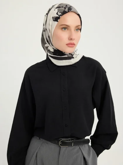 Schaless Vierra Gri Soyut Çiçek Desenli Viskon Eşarp Resmi