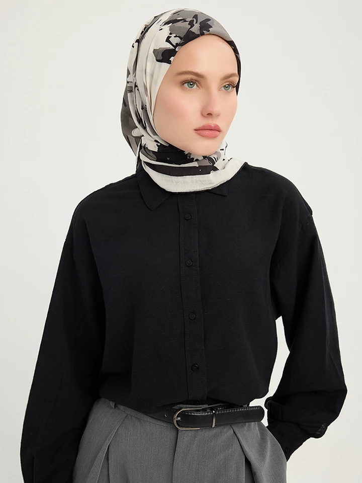 Schaless Vierra Gri Soyut Çiçek Desenli Viskon Eşarp Resmi