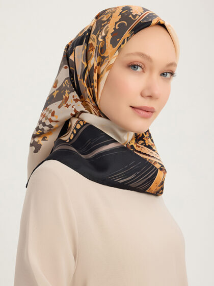 Schaless Serica Gri Fayton Desenli Twill İpek Eşarp Resmi