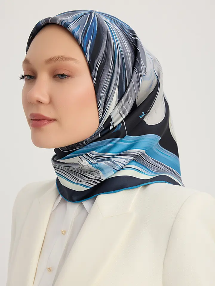Schaless Serica İndigo Desenli %100 İpek Twill Eşarp Resmi
