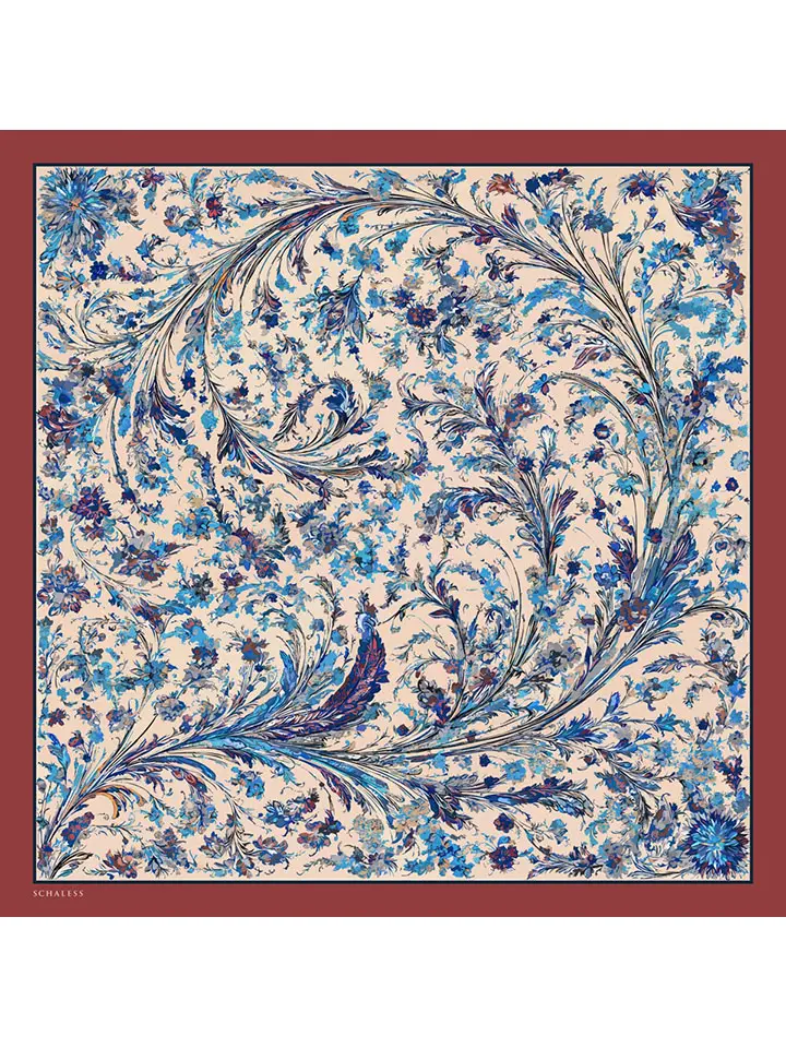 Schaless Serica İndigo Barok Floral Desenli Twill İpek Eşarp Resmi-3