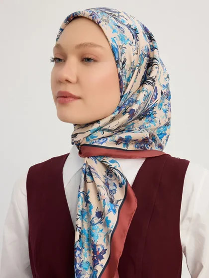 Schaless Serica İndigo Barok Floral Desenli Twill İpek Eşarp Resmi