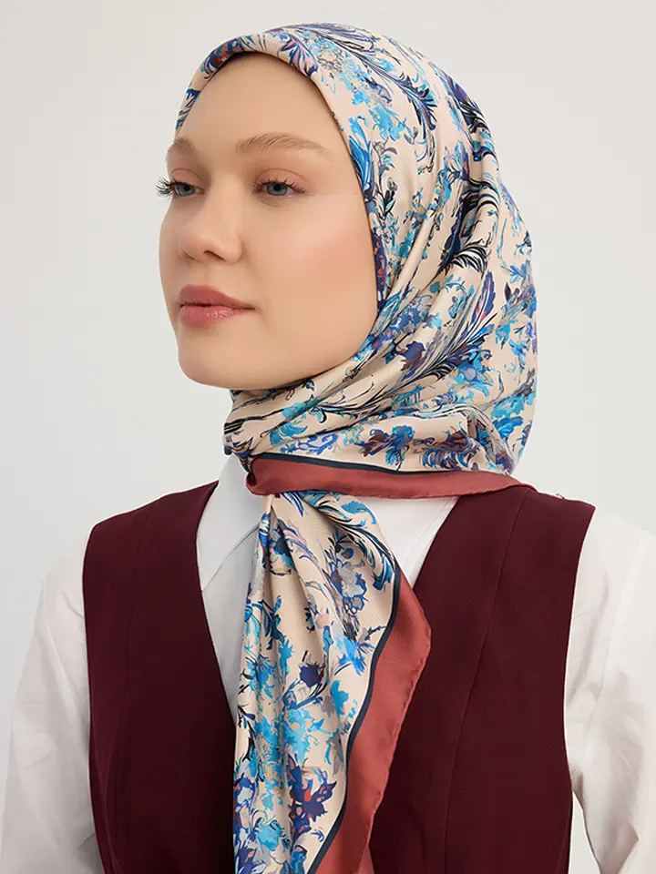 Schaless Serica İndigo Barok Floral Desenli Twill İpek Eşarp Resmi