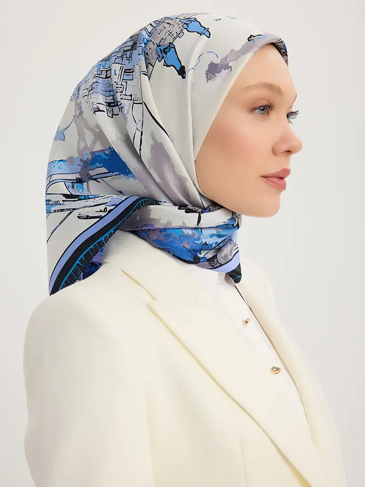 Schaless Serica İndigo Şehir Desenli Twill İpek Eşarp Resmi