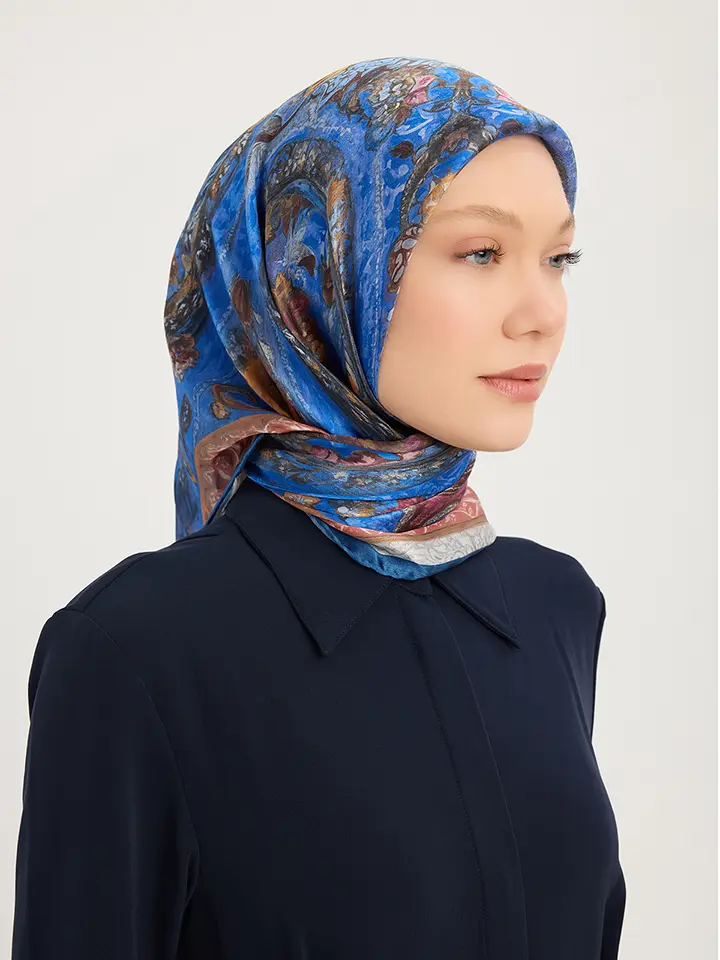 Schaless Altın Bahçe İndigo Desenli Janjanlı Eşarp Resmi-2