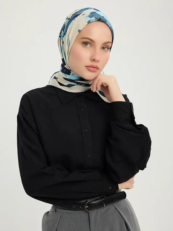 Schaless Vierra İndigo Soyut Çiçek Desenli Viskon Eşarp Resmi