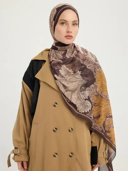 Schaless Efilia Koyu Kahve Botanik Desenli Şal Resmi-1