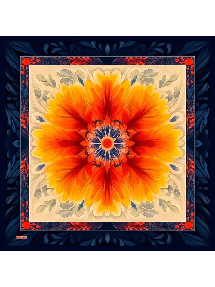 Schaless Aurora Güneş Çiçeği Lacivert Desenli Janjanlı Eşarp Resmi 4