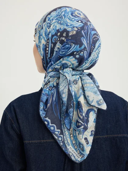 Schaless Efilia Lacivert Paisley Desenli Janjanlı Eşarp Resmi-2