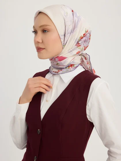 Schaless Serica Lila Floral Desenli Twill İpek Eşarp Resmi-1