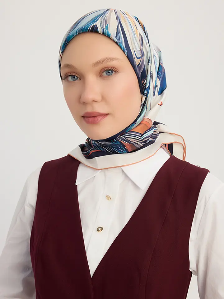 Schaless Serica Mavi Desenli İpek Twill Eşarp Resmi