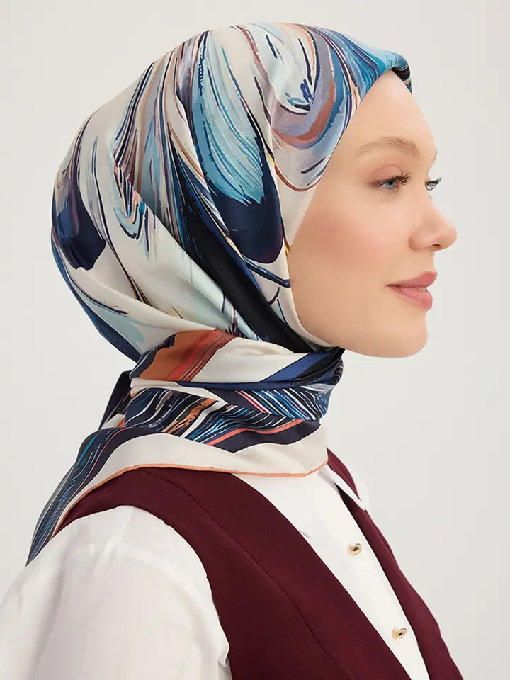 Schaless Serica Mavi Desenli İpek Twill Eşarp Resmi-2