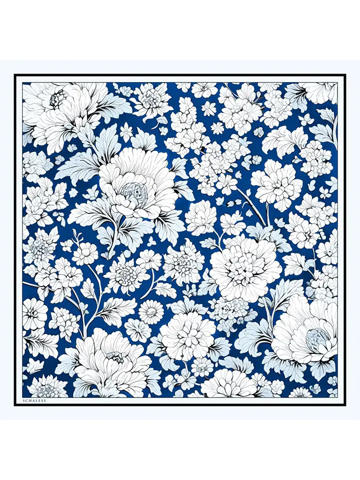 Schaless Serica Mavi Çiçek Desenli Twill İpek Eşarp Resmi-4