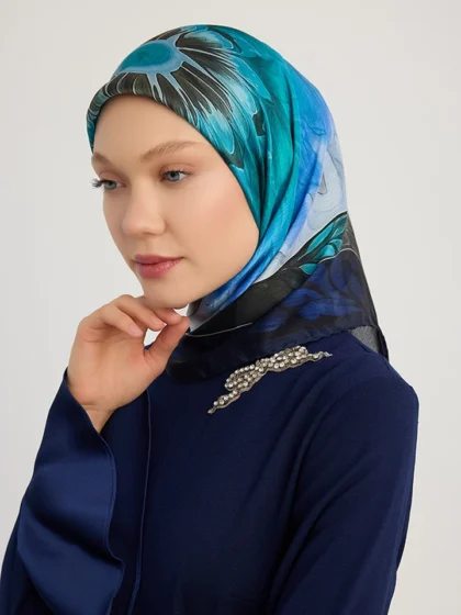 Schaless Aurora Mavi Desenli Janjanlı Eşarp Resmi-1