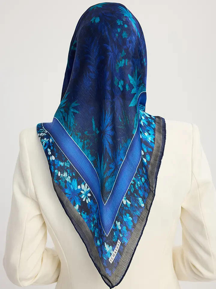 Schaless Aurora Mavi Yaprak Desenli Janjanlı Eşarp-3