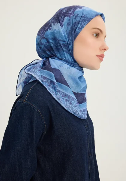 Schaless Efilia Mavi Mandala Desenli Janjanlı Eşarp Resmi-2
