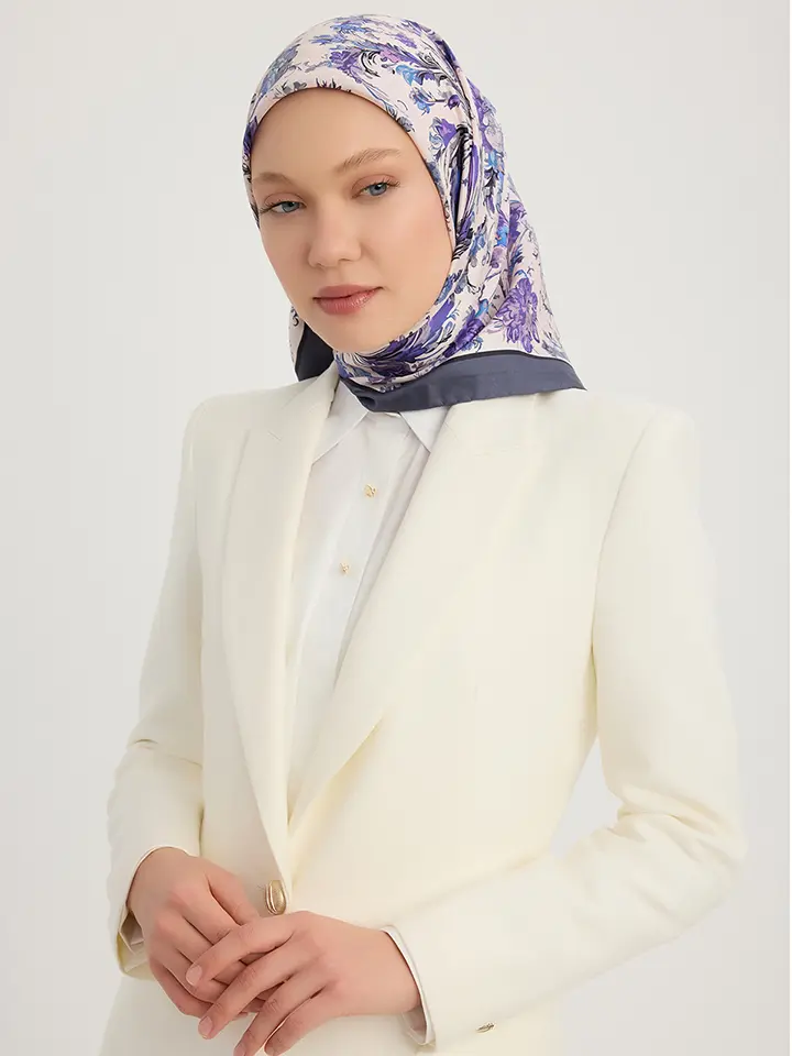 Schaless Serica Mor Barok Floral Desenli Twill İpek Eşarp Resmi