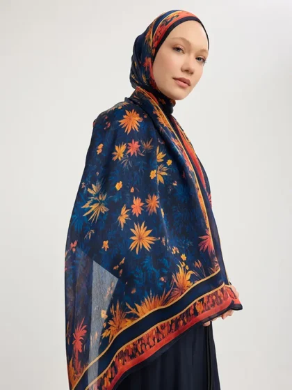 Schaless Aurora Nar Çiçeği Floral Desenli Janjanlı Şal Resmi