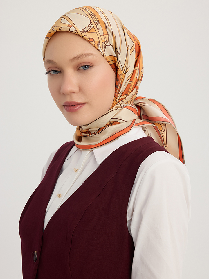 Schaless Serica Oranj Merdiven Motifli Twill İpek Eşarp Resmi