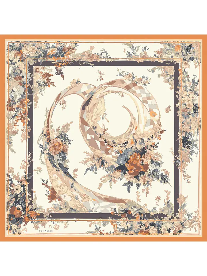 Schaless Serica Oranj Floral Desenli Twill İpek Eşarp Resmi-3