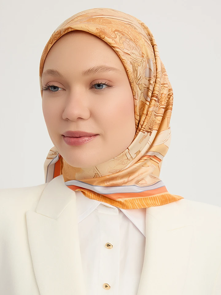 Schaless Serica Oranj Şehir Desenli Twill İpek Eşarp Resmi