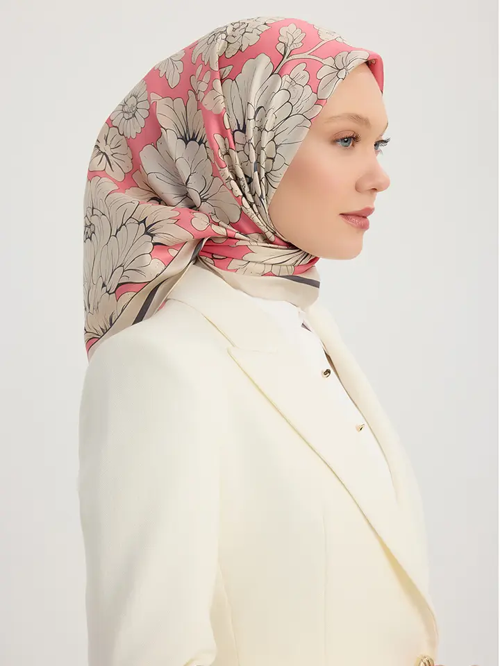 Schaless Serica Pudra Çiçek Desenli Twill İpek Eşarp Resmi