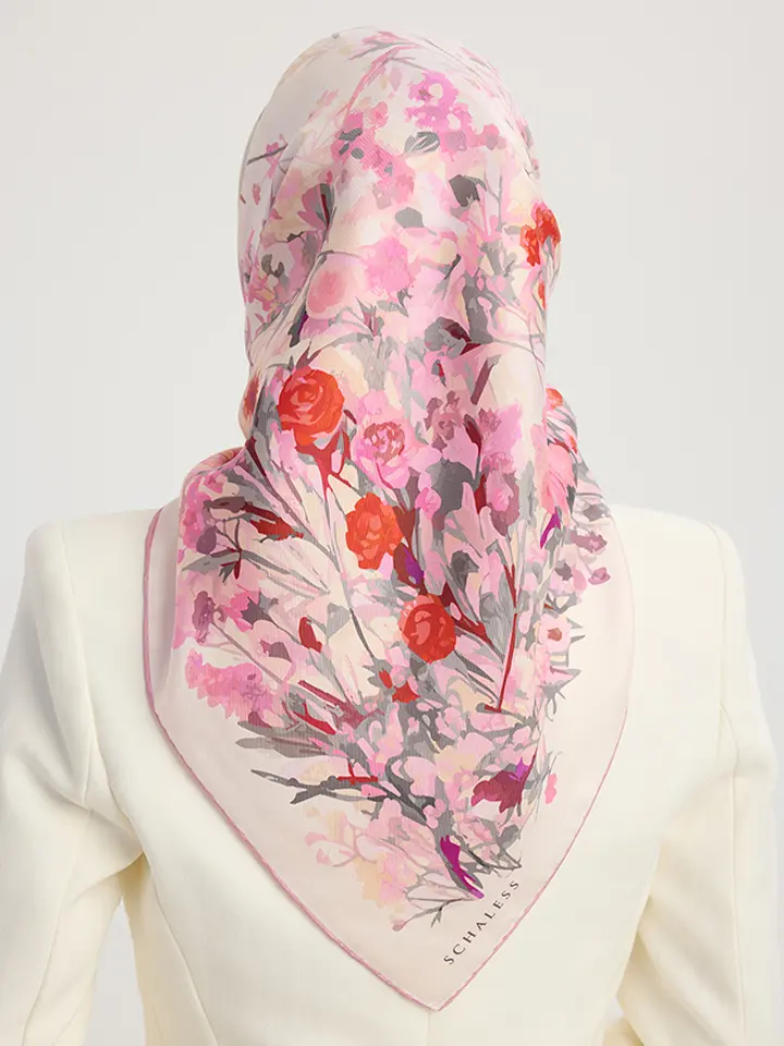 Schaless Serica Pudra Çiçek Desenli Twill İpek Eşarp Resmi-2