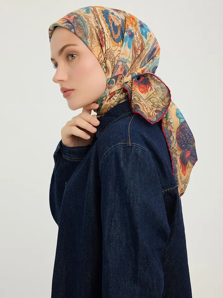 Schaless Efilia Sarı Barok Desenli Janjanlı Eşarp Resmi