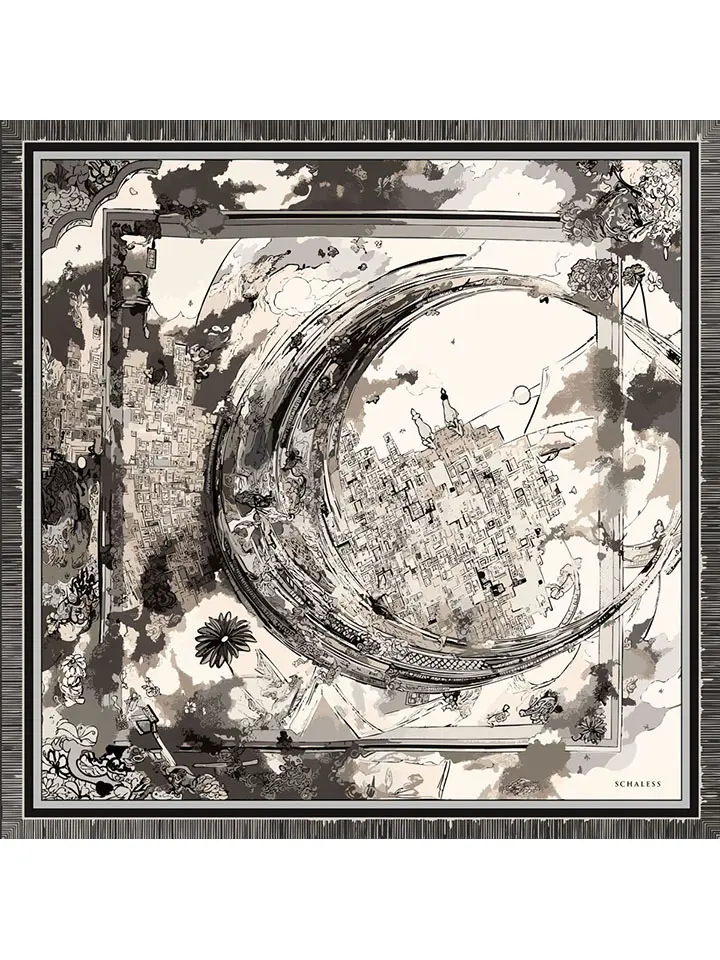 Schaless Serica Siyah Şehir Desenli Twill İpek Eşarp Resmi-4