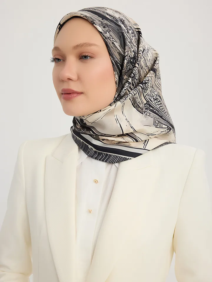 Schaless Serica Siyah Şehir Desenli Twill İpek Eşarp Resmi