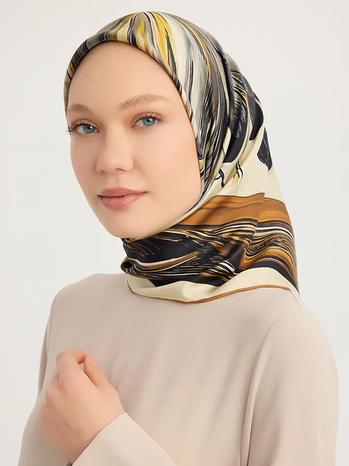 Schaless Serica Toprak Desenli %100 İpek Twill Eşarp Resmi