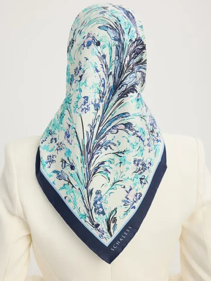 Schaless Serica Turkuaz Barok Floral Desenli Twill İpek Eşarp Resmi-2