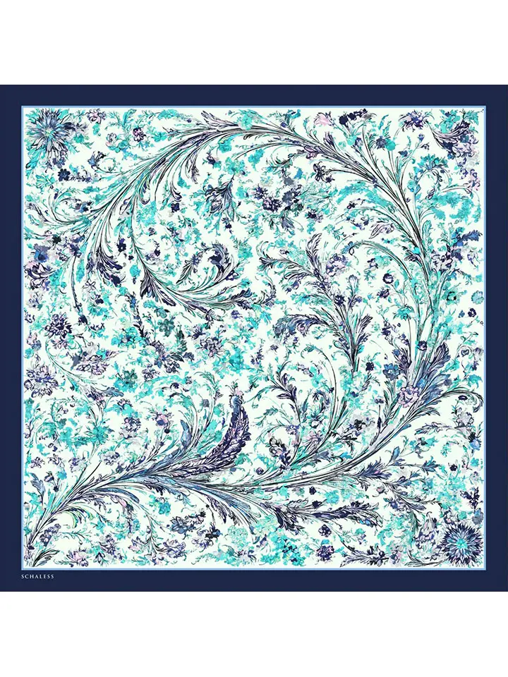 Schaless Serica Turkuaz Barok Floral Desenli Twill İpek Eşarp Resmi-4