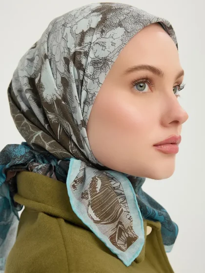 Schaless Efilia Turkuaz Orman Desenli Eşarp Resmi-2