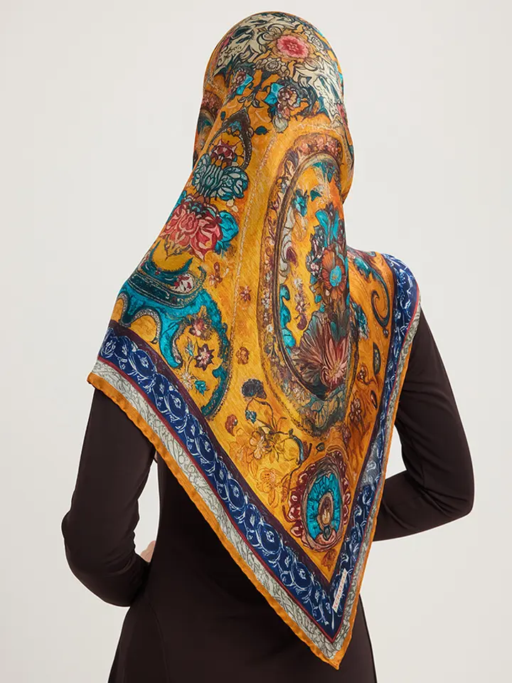 Schaless Altın Bahçe Turuncu Çiçek Desenli Janjanlı Eşarp Resmi-3