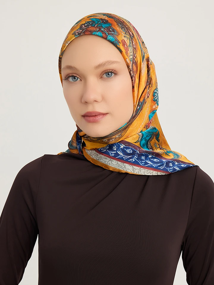 Schaless Altın Bahçe Turuncu Çiçek Desenli Janjanlı Eşarp Resmi-1