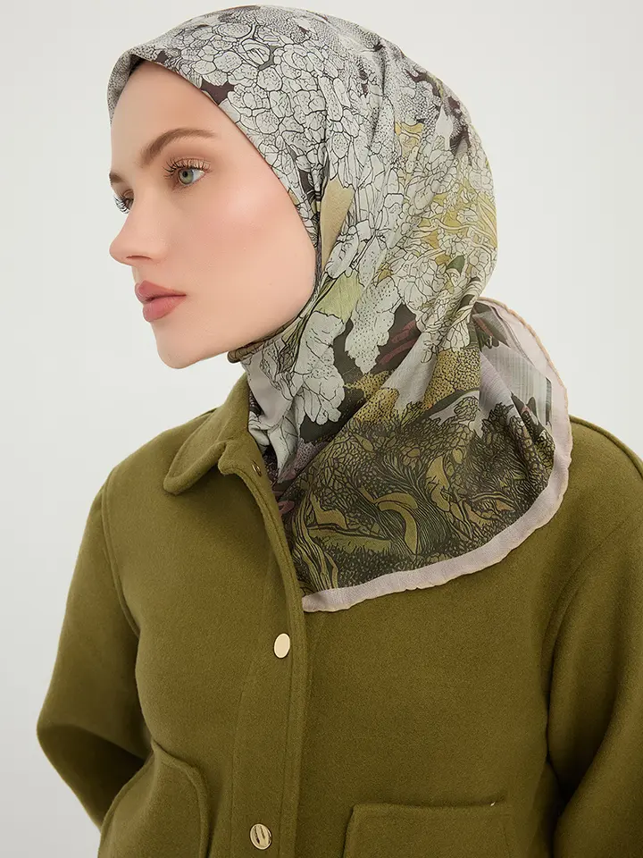 Schaless Efilia Vizon Orman Desenli Pamuklu Eşarp Resmi