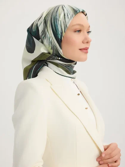 Schaless Serica Yeşil Desenli %100 İpek Twill Eşarp Resmi